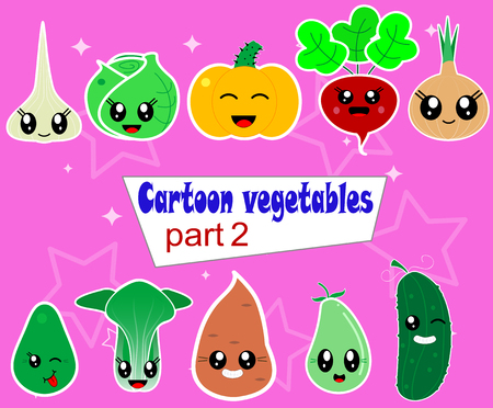 Funny Various Cartoon kawaii Vegetables.Here are avocado, batata, zucchini, garlic, beets, leeks, cucumber, cabbage, pumpkin . Vector first setのイラスト素材