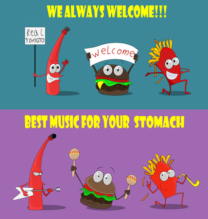 Group of friendly Fast Food meals. They are happy visitor, greeted him, play musical instruments. Funny design for promotional items, banners, postcards. Vector. Second setのイラスト素材
