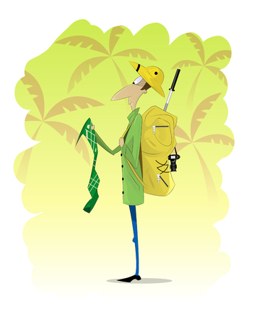 Man traveler standing and looking at map on jungle background. Travel, scientific expeditions, treasure hunt concept illustrationのイラスト素材