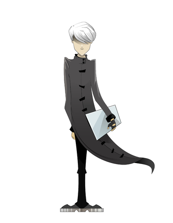 Programmer, coder, hacker, designer in long white cloak and white hair with laptop in hand. Manga style. Vector illustration on white backgroundのイラスト素材