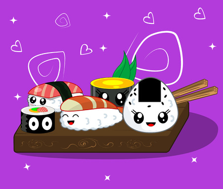 Vector illustration of cute kawaii cartoon rolls and sushi. Tasty set of Japanese cuisine. Template for brochure, flyer, poster, discount.のイラスト素材