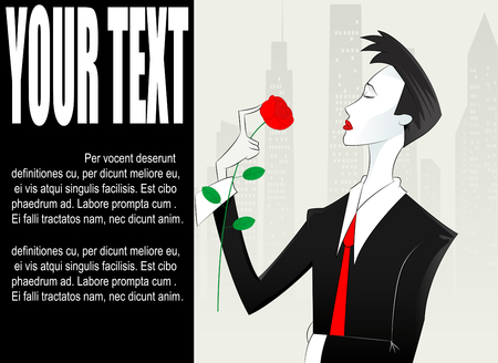 Black and white illustration of elegant woman with short hair holding rose. Layered vector illustrationのイラスト素材
