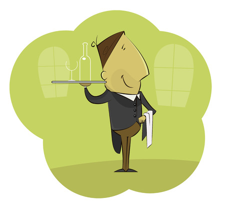 Illustration of cartoon male waiter carrying tray with glass of wine. Vector layered illustrationのイラスト素材