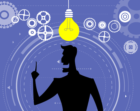 Businessman silhouette with bulb of idea as symbol of business creativity. Cartoon vector illustration.のイラスト素材