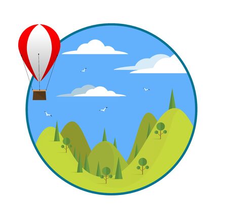 Hot air balloon flying over the fields is the mountains with trees and sun. Travel concept illustrationのイラスト素材