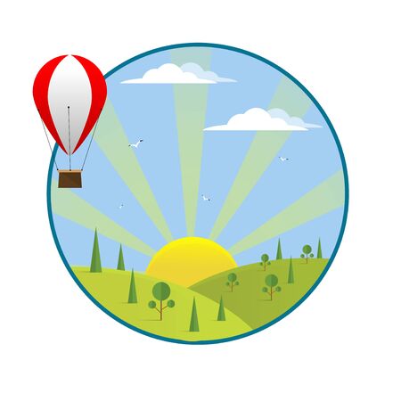 Hot air balloon flying over the fields is the mountains with trees and sun. Travel concept illustrationのイラスト素材