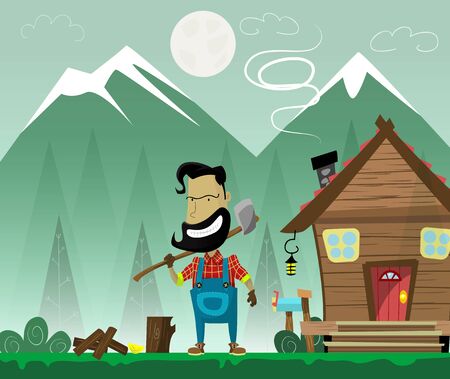 Hipster cartoon woodcutter with beard and mustache and ax on forest background with wooden hut.のイラスト素材