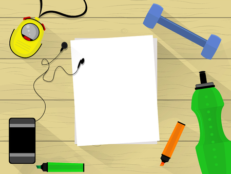 Wooden table with fitness facilities , list of paper, mobile phone, felt pen and bottle of water. Flat designのイラスト素材