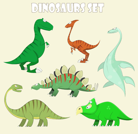 Cartoon dinosaur collection set illustration. Cute monster, funny prehistoric characters . First set.のイラスト素材