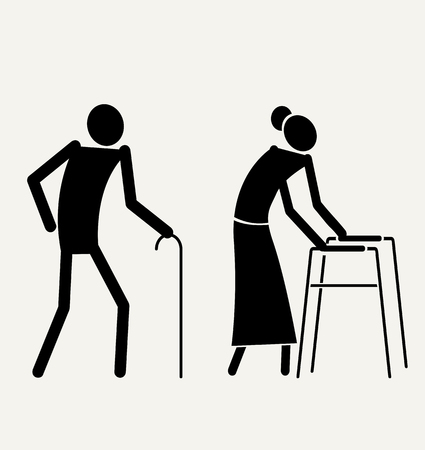 Elder senior man and woman. Two black graphic symbol. Vector illustrationのイラスト素材