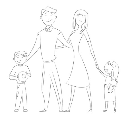Cartoon happy family smiling and standing together. Contour image isolated on backgroundのイラスト素材