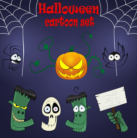 Halloween cartoon design elements with dead heads, spiders, cutted hand and pumpkin. Vectorのイラスト素材