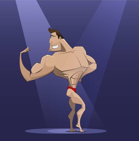 Fun cartoon sportsman shows muscles. Fitness or bodybuilding concept. Easy to editのイラスト素材