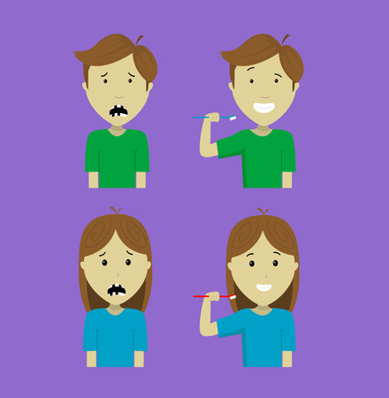 Dental care design vector illustration. Boy and girl cleaning teeth. Oral care.のイラスト素材