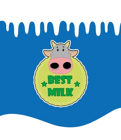 Cute illustration with milk wave and cute cow badge on blue background. Vector illustration for packaging designのイラスト素材