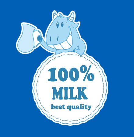 Cartoon cow with milk badge. Dairy food emblem. Natural food, organic product. Vectorのイラスト素材