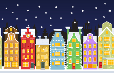 Seamless background with winter town. Flat style vector illustration of Christmas cityscape. New year and Xmas holidays design.のイラスト素材