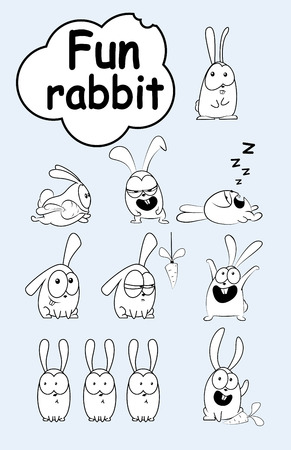 Set of cute rabbits on light blue backgroundの写真素材