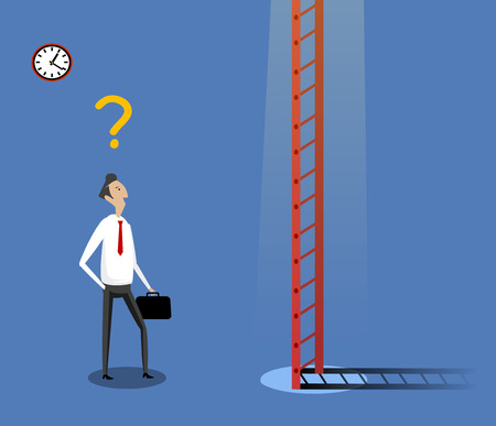 Businessman standing near ladder. Concept of doubtful, selecting the best solution and best possibilities. Vector illustrationのイラスト素材