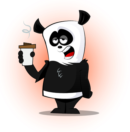 Cute cartoon sleepy panda with cup of coffeeのイラスト素材