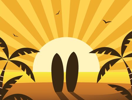 Beach sunset background with surf boardsのイラスト素材