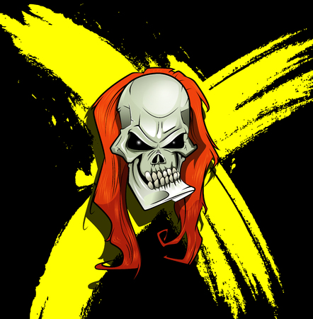 Evil skull with long hair and scratches on background. Horror concept illustration. Vector cartoonのイラスト素材