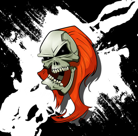 Evil skull with long hair and scratches on background. Horror concept illustration. Vector cartoonのイラスト素材