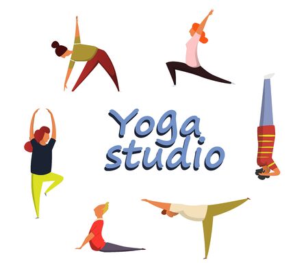 A set of funny human figures performing various yoga asanas.Yoga exercises.の写真素材