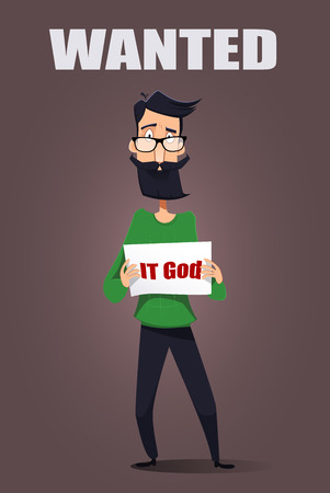 Cartoon IT specialist holding sign.のイラスト素材