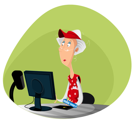 Senior shop assistant using digital device for payment. Vector cartoon illustrationのイラスト素材
