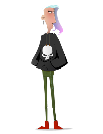 Cartoon illustration of young punk rocker with colorful hairstyle on white background. Vectorのイラスト素材