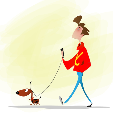 Full length cartoon boy walking a dog.のイラスト素材