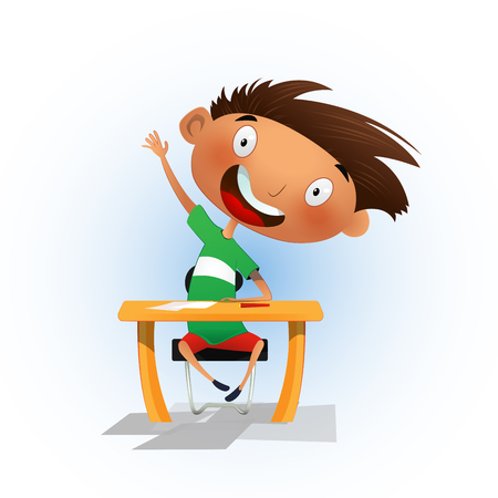 Clever cartoon school boy sitting at the desk and raising hand to answer. Back to school concept illustration. Vectorのイラスト素材