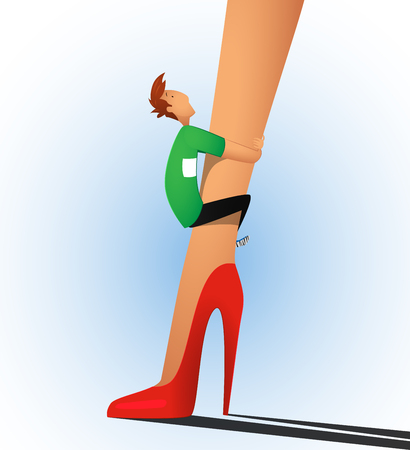 Henpecked man. The guy clung to a woman's leg. The concept of psychological dependence, the restriction of personal freedom.のイラスト素材