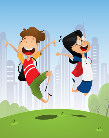 Two happy cartoon pupils, boy and girl.のイラスト素材