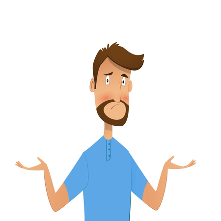 Frustrated guy shows gestures oops, sorry or he doesn't not know. Vector icartoon illustration.のイラスト素材