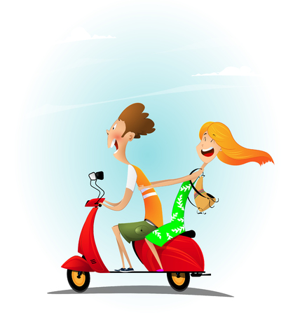 Young cheerful cartoon couple riding a scooter with fun. Vacation travel conceptl. Vectorのイラスト素材