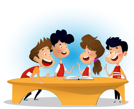 Group of children are discussing book in libraryのイラスト素材