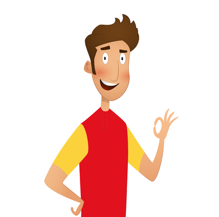 Cartoon boy shows ok gesture at you. Cartoon vector illustrationのイラスト素材