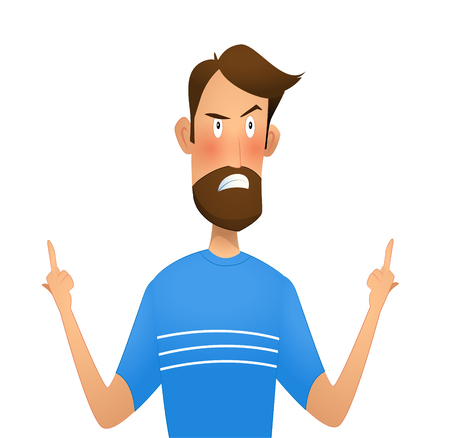 Dissatisfied man standing showing middle finger   gesture. Cartoon vector illustrationのイラスト素材