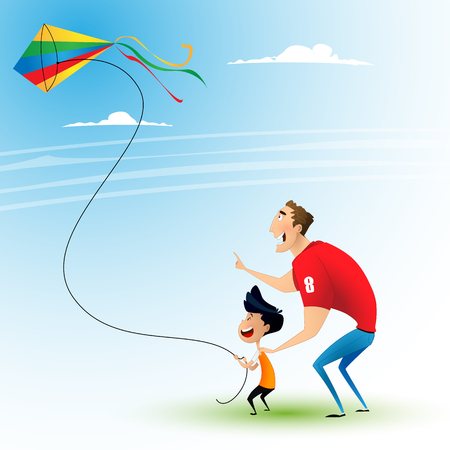 Father and son flying a kiteのイラスト素材
