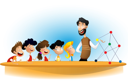 Cartoon boys and girl with teacher illustration.のイラスト素材