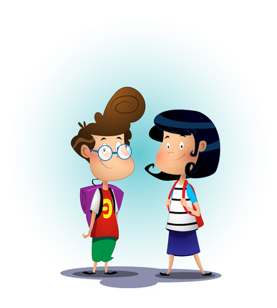 Two school children on blue background.のイラスト素材