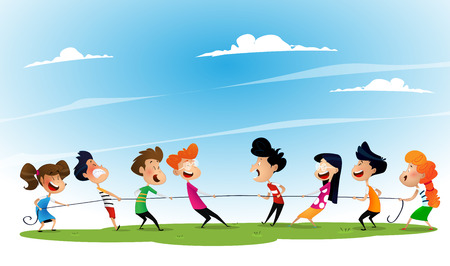 Fun cartoon boys and girls pulling rope.のイラスト素材