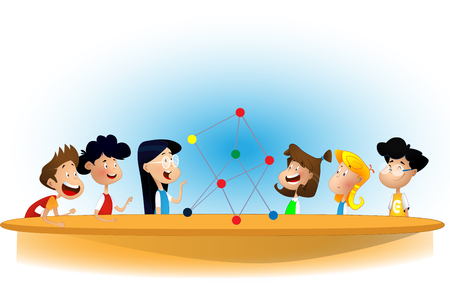 Cartoon boys and girl standing around tableのイラスト素材