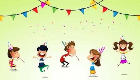 Happy kids jumping together during a sunny dayのイラスト素材