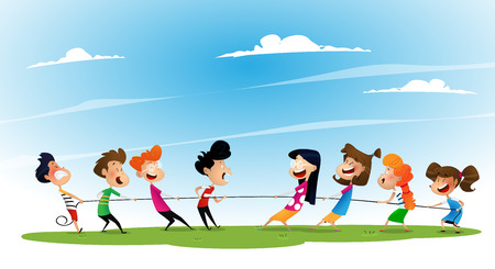 Fun cartoon boys and girls pulling rope.のイラスト素材