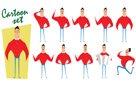 Set of cartoon guy in casual clothes in different posesのイラスト素材