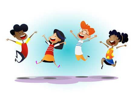 Happy school multiracial children joyfully jumpingのイラスト素材