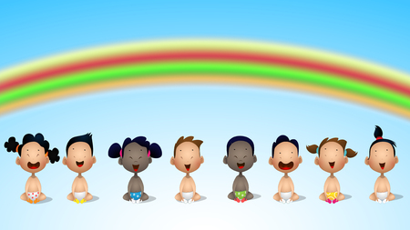 Interracial group of babies and toddlers under rainbowの写真素材